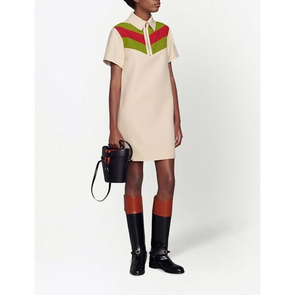 GUCCI Chevron Stripe Silk Wool Web Polo Short Sleeve Mini Dress 40 - Picture 1 of 16